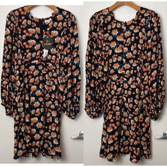 byTiMo Poppyfield Black Orange Floral Mini Dress Puff Long Sleeve V-neck sz M - Picture 1 of 8